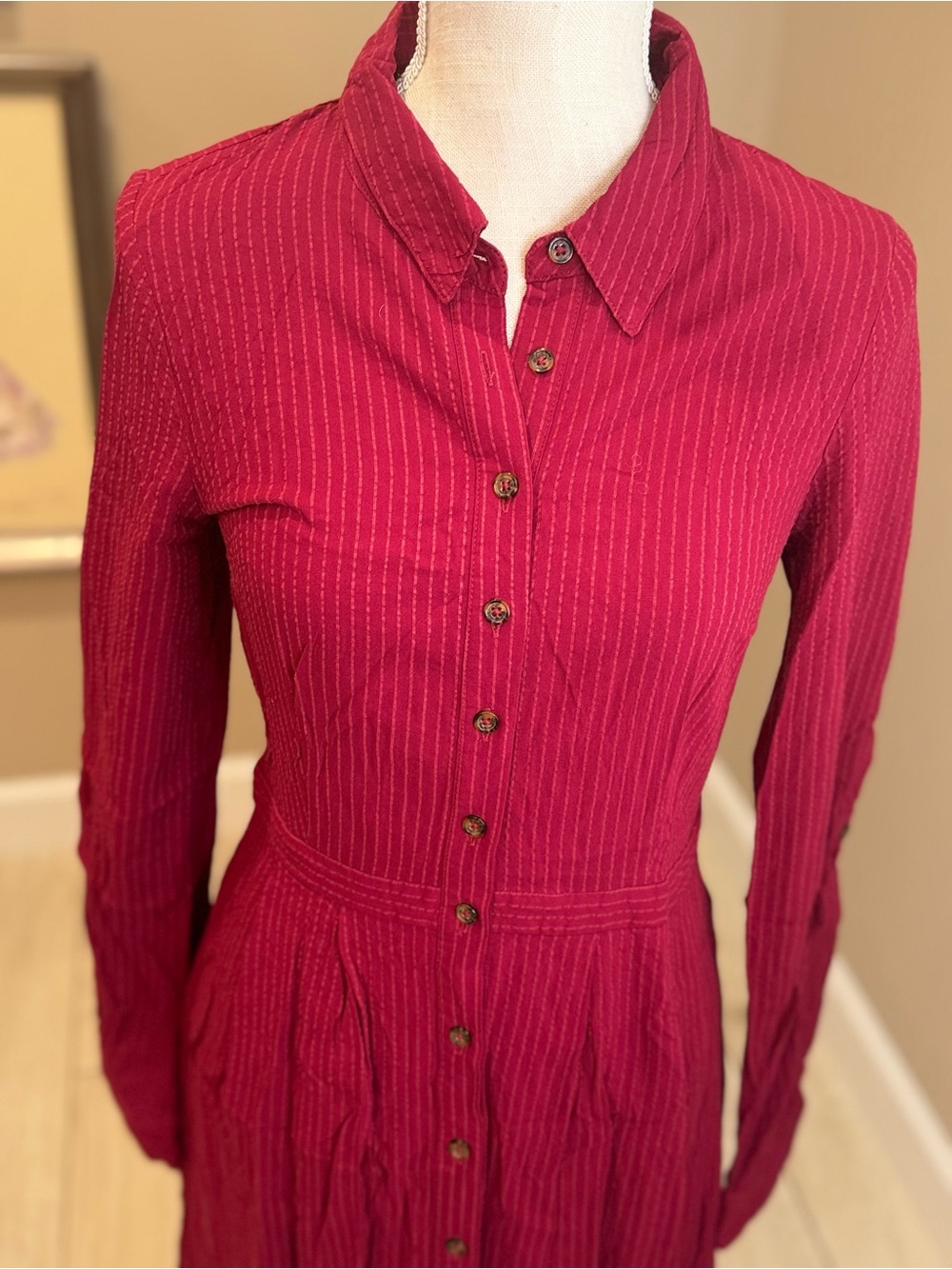 Modcloth Button-Front Striped Stitched Burgundy Red Shirt Dress - Picture 2 of 6
